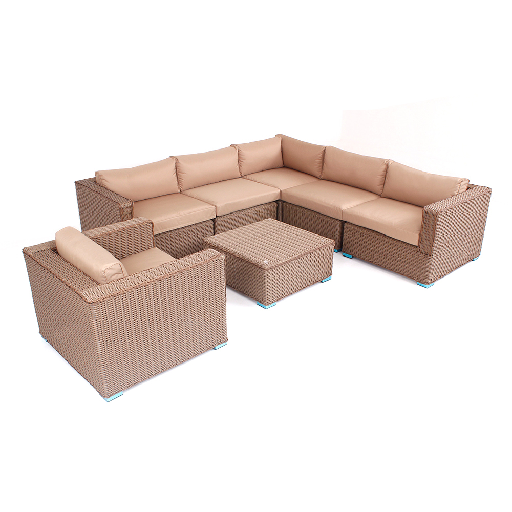 WYHS-T063 露台家具套装户外组合沙发银色全天候藤编藤条带可水洗沙发垫和两个茶几