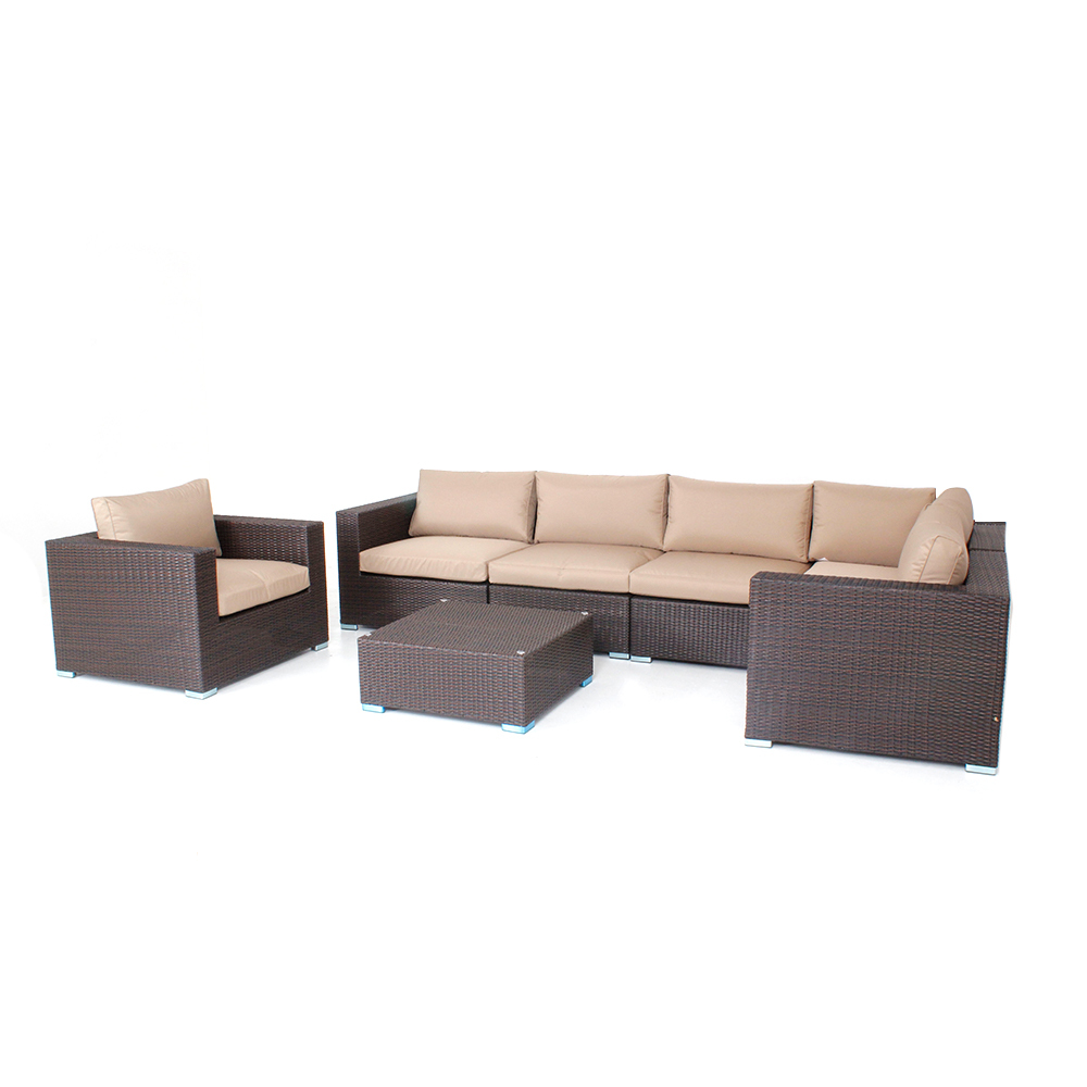 WYHS-T063 露台家具套装户外组合沙发银色全天候藤编藤条带可水洗沙发垫和两个茶几