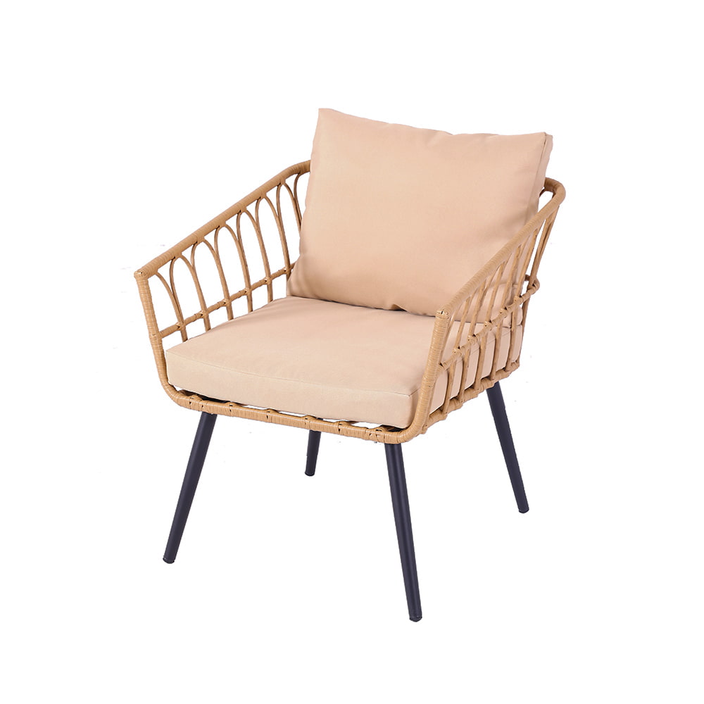 WYHS-T249 3 件套户外藤制庭院家具套装，带茶几和防水坐垫的简约柳条庭院椅