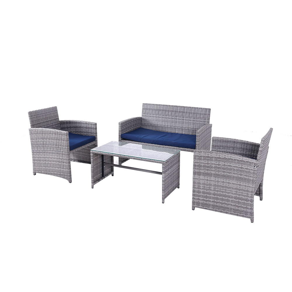 WYHS-T250 4 片藤沙发，带茶几和防水靠垫套