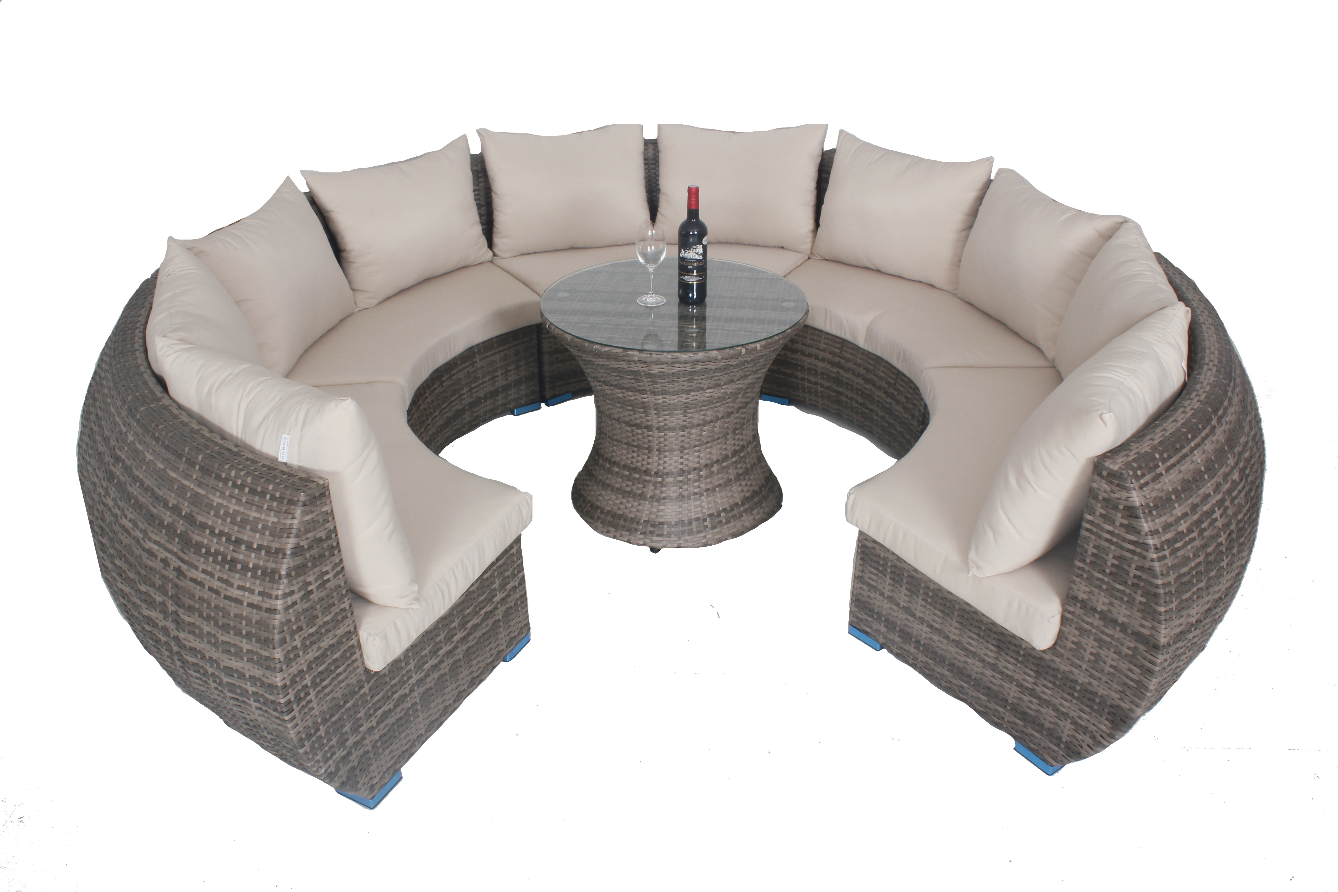WYHS-T243 5件套圆形环绕户外棕色藤制会谈沙发椅带桌米色靠垫